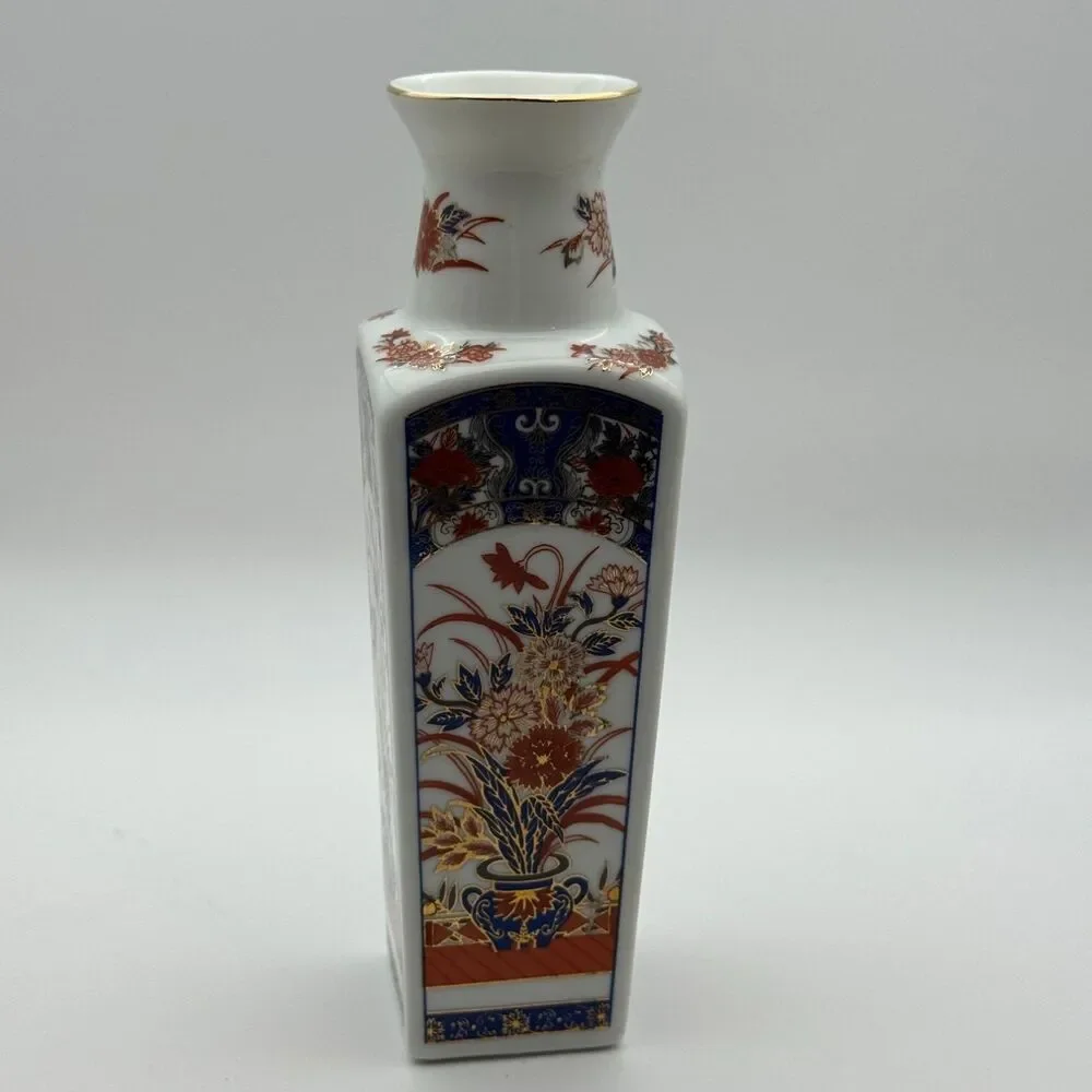 Imari Style Porcelain Bud Vase Square Floral Gold Gilt Blue Orange 8